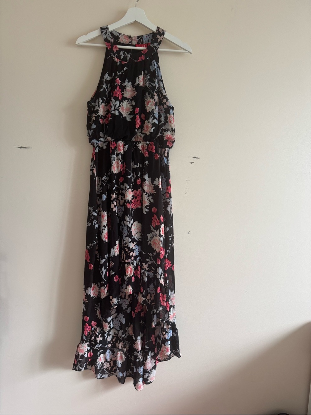 Elle Black Floral Halter Maxi Dress with Pink and Cream Blooms